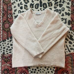 Zara Women's Soft Beige Oversized V-Neck Sweater